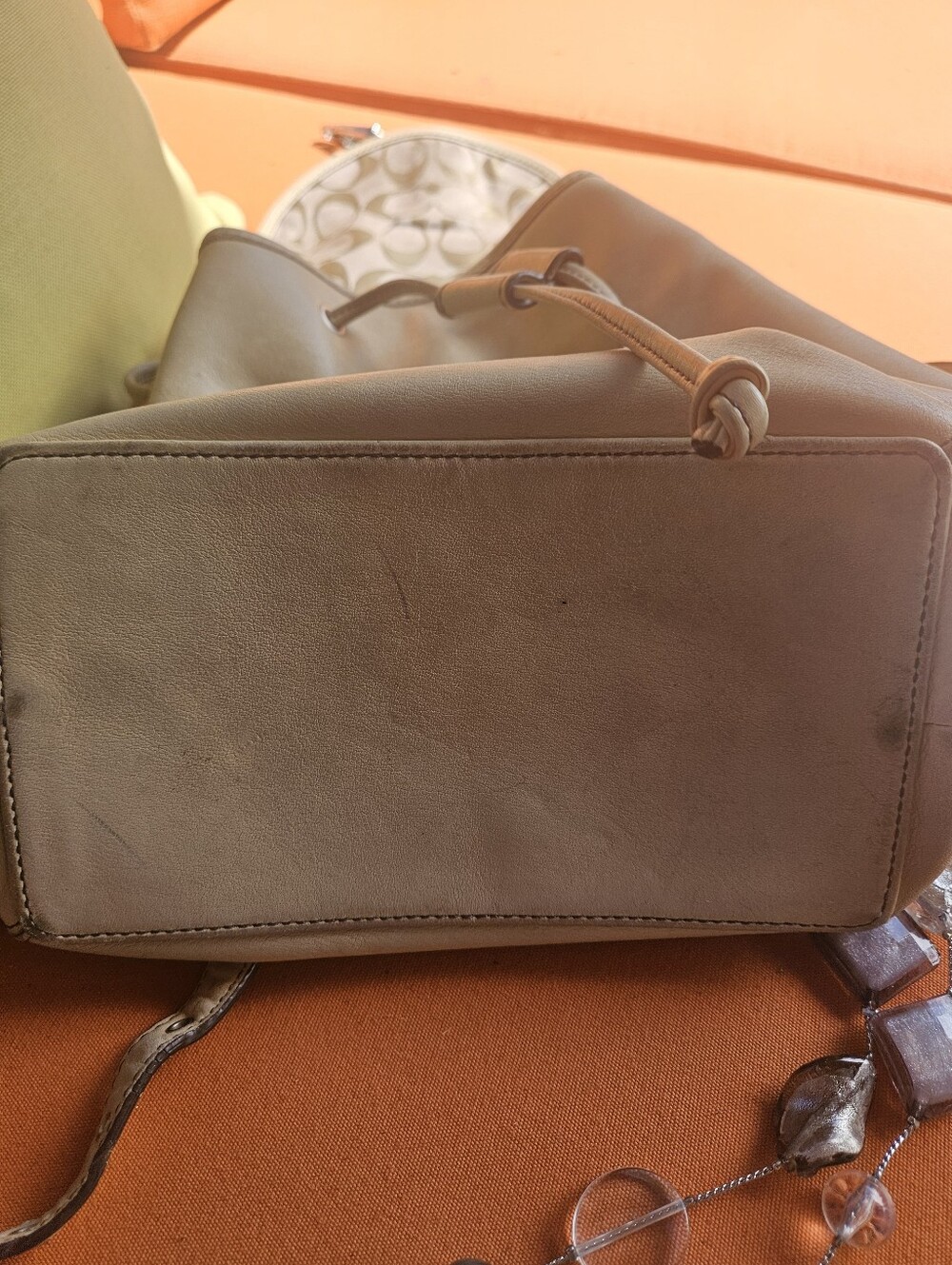 Coach RARE vintage Beige Leather Drawstring Backpack & New York & Co Necklace - Picture 11 of 12